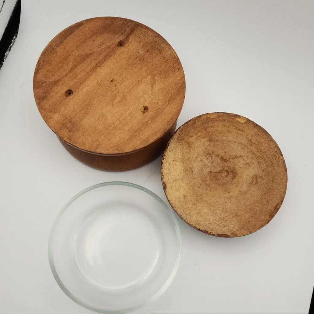 Vintage Mid-Century 3-Piece Wood & Stoneware Lidded Dish with Glass Liner